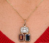 Pendant on model showing size and tri-stone design