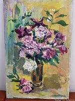 Full view of the floral oil painting showing tear at left edge