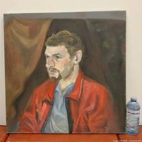 Full view of oil painting next to water bottle for scale