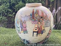 Front view of round porcelain vase with hand-painted figural scene and gilt accents