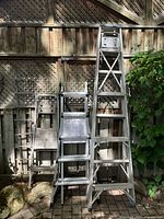 Three aluminum ladders leaning against fence: multi-use ladder centered, folding step ladder left, tall A-frame ladder right
