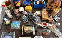 Overall view of assorted travel souvenirs on tabletop
