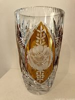 Front view showing amber panels with floral etching and sawtooth rim