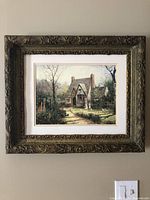 Full view of framed lithograph on wall