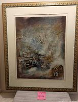 Full view of framed lithograph showing mat and frame