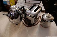 Electric percolator, toaster, and Revere Ware percolator grouped on countertop