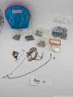 Overview of lot with pouch, bagged findings, loose chains