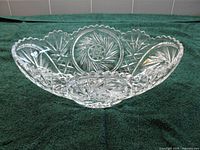 Overview of oval cut crystal bowl displaying pattern and shape