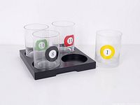 Four glasses with pool ball numbers in tray plus additional off-tray view