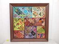 Full view of framed sari patchwork textile art
