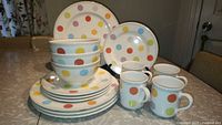 Front view of complete dinnerware set on table