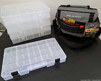 Plano tackle bag, four 13x9 organizers stacked, one 14x9 organizer in front