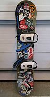 Full view of Rossignol snowboard showing stickers and bindings