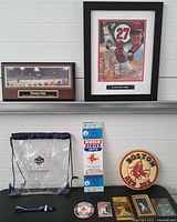 Group shot showing all memorabilia items laid out including plaques, backpack, lanyard, cards, pin, ticket print, wall plaque