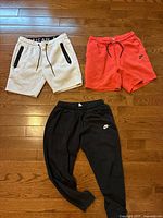 Group shot of all three garments laid flat on wood floor: grey AE shorts, coral Nike shorts, black Nike joggers