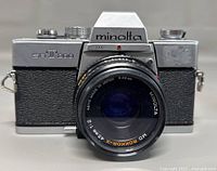 Front view of Minolta SR-T200 with attached Rokkor-X 45mm f/2 lens