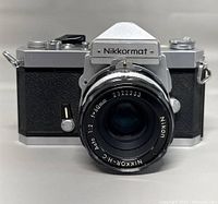 Front view of Nikon Nikkormat FT camera with lens attached
