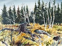 Close-up of watercolour showing landscape details and artist signature