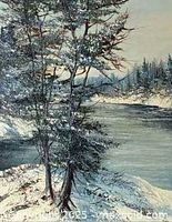Full view of winter landscape painting showing river, snow, evergreens