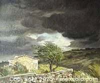 Full view of oil painting without frame, showing landscape subject