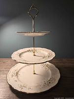Full view of assembled three-tier Royal Albert Haworth dessert stand