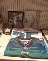 Overall lot: two jerseys, signed photo with COA, snow globe, shot glass, foam football