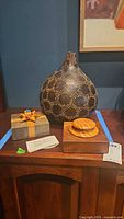 Overview showing gourd, gift-style wood box, and square lidded wood box