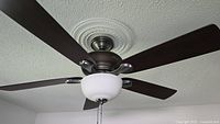 Overall view of installed ceiling fan showing blades, housing, and light bowl