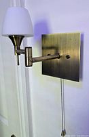 Front view showing brass backplate, arm, ceramic shade