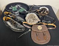 All items overview: three sporrans, brogues, belt, sgian dubh, flashes