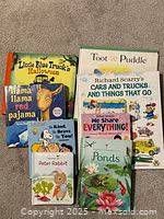 Group shot of eight children's books laid out
