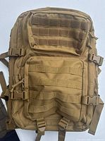 Front view showing MOLLE webbing, pockets, compression straps