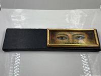 front view of entire 16 x 4 in leather-wrapped panel with copper enamel eyes artwork in gold frame