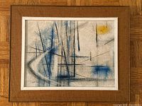 Framed abstract painting showing composition, frame, colors