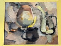 Close view of painting surface showing abstract still life subject and colour palette