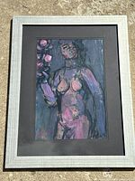 Framed painting front view showing entire work, mat and frame