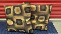 Both decorative pillows front view showing pattern and condition