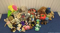 Full view of entire lot on blanket showing all plush items