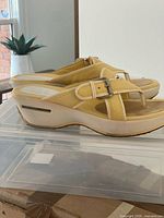 Cole Haan yellow Nike Air sandal side view on plastic bin
