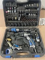 Closed and open view of Mastercraft pneumatic tool kit showing air tools and accessories in blow-moulded case