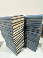 Two vertical stacks of blue cloth hardcover books