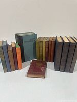Front view of all 19 books standing, shows variety of colors and decorative bindings