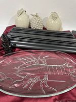 Platter, shelves and glass fruit decor grouped