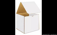 Assembled example of the white corrugated mailer box with open lid