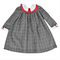 Front view of plaid dress showing collar, cuffs and full length