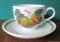 Cup front and saucer showing fruit motif and border