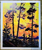 Full view of unframed lithograph showing sunset and pine trees