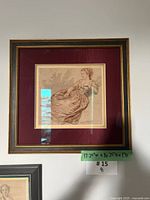 Full frontal view of framed drawing showing artwork, matting and frame