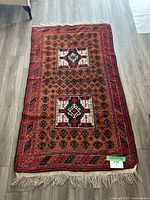 Full view of rug showing pattern, colors and fringe