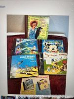 Group shot of record-books and small books on red background